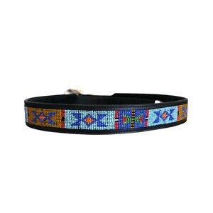 Dos Amigos Beaded Belt Size 38 Black Leather Bead Design Mexico Metal Buckle